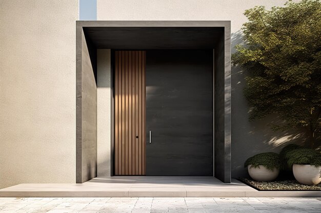 Eine Haustür mit einer Holztür, auf der „Haus“ steht