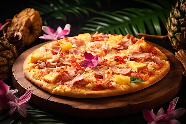 Eine hawaiianische Pizza, die bei einer Babyparty mit hawaiianischem Thema serviert wird