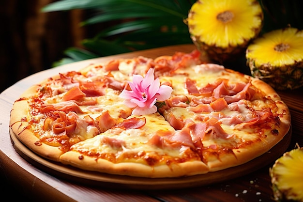 Eine hawaiianische Pizza, die bei einer Babyparty mit hawaiianischem Thema serviert wird