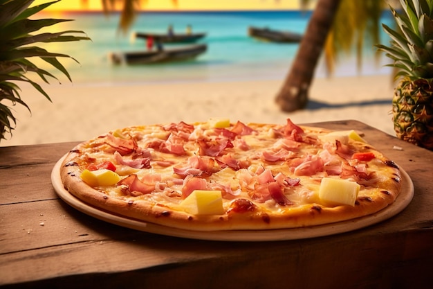 Eine hawaiianische Pizza, die bei einer Babyparty mit hawaiianischem Thema serviert wird