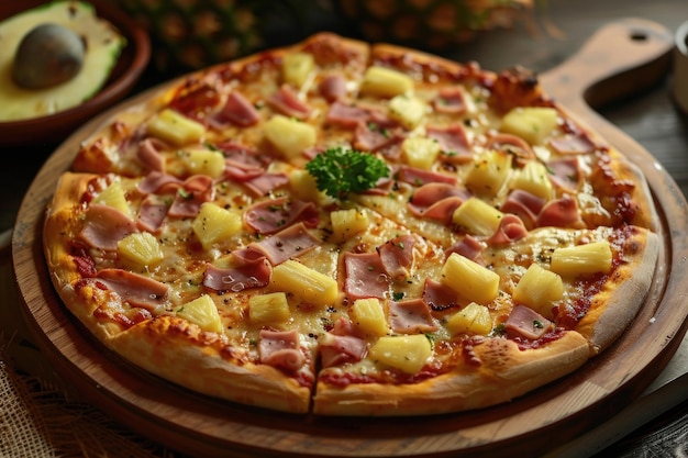 Eine hawaiianische Pizza mit Schinken und Ananas sitzt auf einem Holzbrett. Die Pizza wird in Scheiben geschnitten und ist fertig zum Essen.