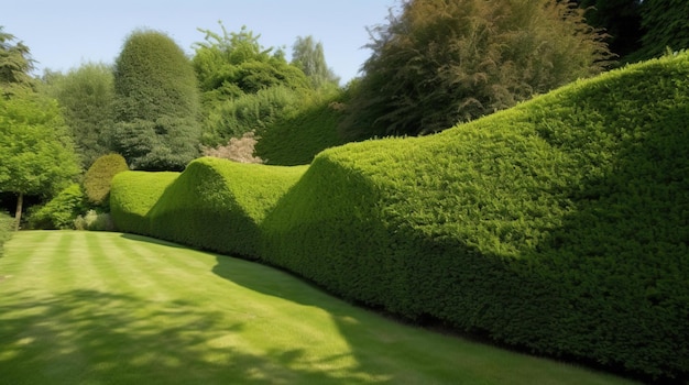 Eine Hecke in einem Garten mit einer grünen Hecke.