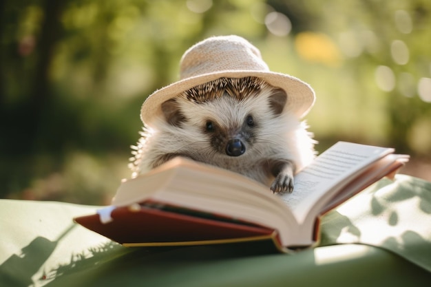 Eine Hecke mit Hut, die ein Buch liest Generatives KI-Bild