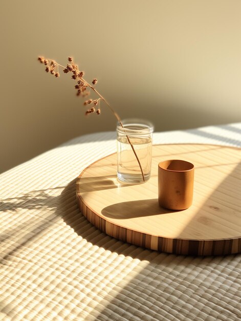 Eine Heimszene im japanischen Baumstammstil, Minimalismus, helles Sonnenlicht, leerer Rattan-Träger