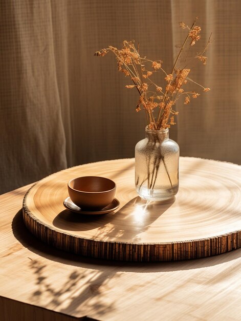 Eine Heimszene im japanischen Baumstammstil, Minimalismus, helles Sonnenlicht, leerer Rattan-Träger