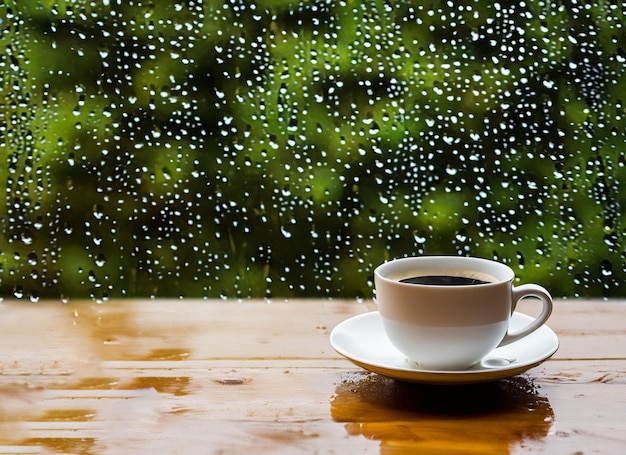 Eine heiße Tasse Kaffee auf einem weißen Teller auf einem Holztisch mit Platz an regnerischen Tagen