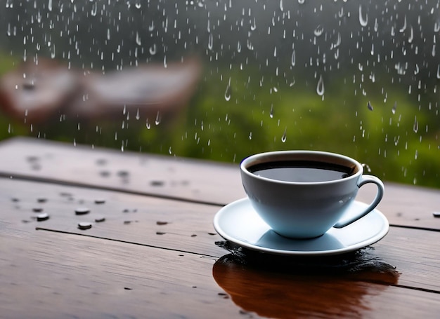 Eine heiße Tasse Kaffee auf einem weißen Teller auf einem Holztisch mit Platz an regnerischen Tagen