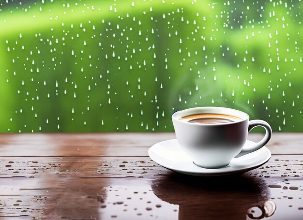 Foto eine heiße tasse kaffee auf einem weißen teller auf einem holztisch mit platz an regnerischen tagen