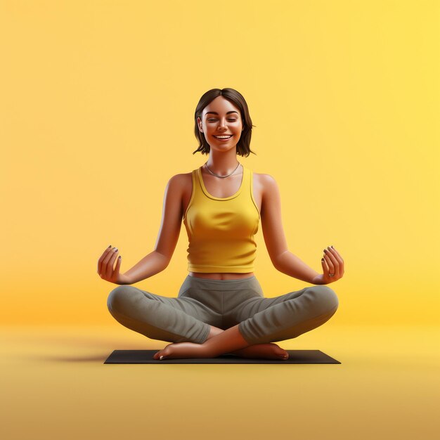 Eine heitere Reise, die Glückseligkeit verkörpert, durch 3D-Charakteranimation einer lächelnden Frau, die Yoga praktiziert