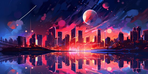 Eine hell erleuchtete Skyline der Stadt mit einem roten Mond am Himmel, generative KI