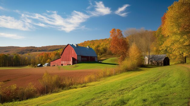 Foto eine herbstliche landschaft eines ländlichen bauernhofs mit einer großen roten scheune und einem feld im hintergrund