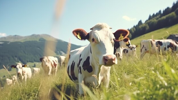 Eine Herde gut gepflegter, schöner, gesunder Kühe weidet auf einer grünen Wiese in den Bergen.