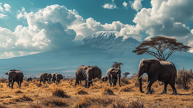Foto eine herde von elefanten geht über ein feld mit einem berg im hintergrund