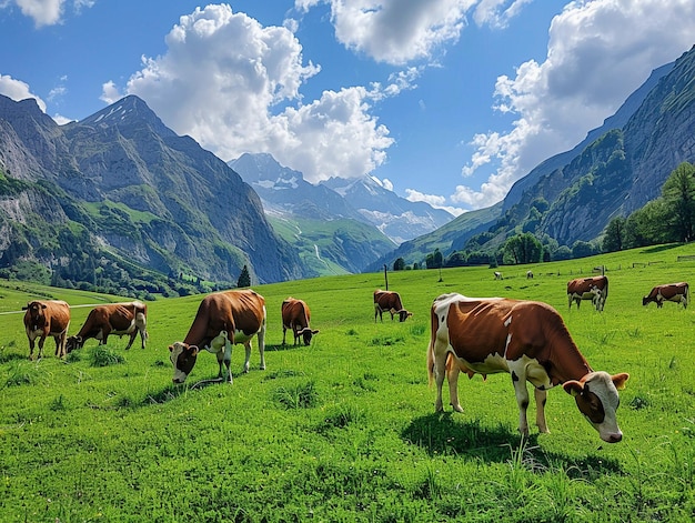 eine Herde von Kühen, die auf einem grünen Feld mit Bergen im Hintergrund weiden