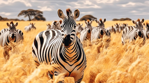 eine Herde von Zebras rennt durch ein Feld mit hohem Gras