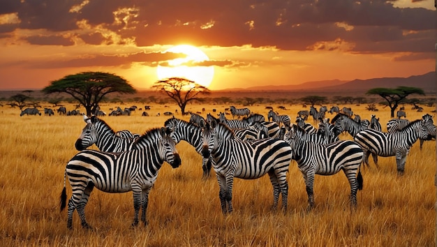 eine Herde von Zebras steht auf einem Feld mit der Sonne hinter ihnen