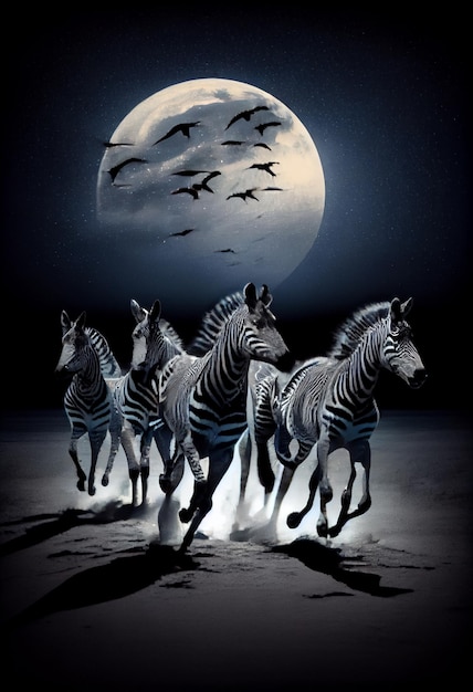Eine Herde Zebras läuft im von der KI erzeugten Mondlicht
