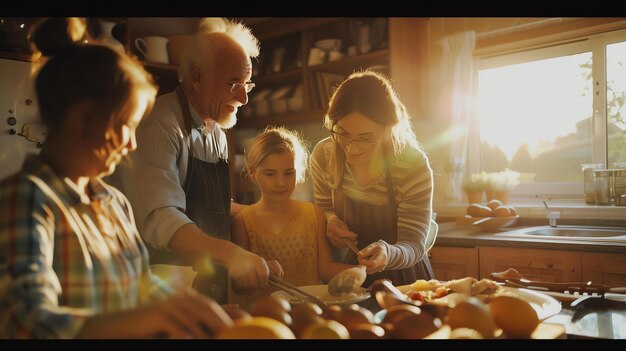 Eine herzerwärmende Szene einer mehrgenerationalen Familie, die freudig eine köstliche Mahlzeit zusammen in einer sonnigen Küche zubereitet, mit Lachen, Teamarbeit und Liebe, die sie zerkleinern, rühren und ein Feststück zubereiten.