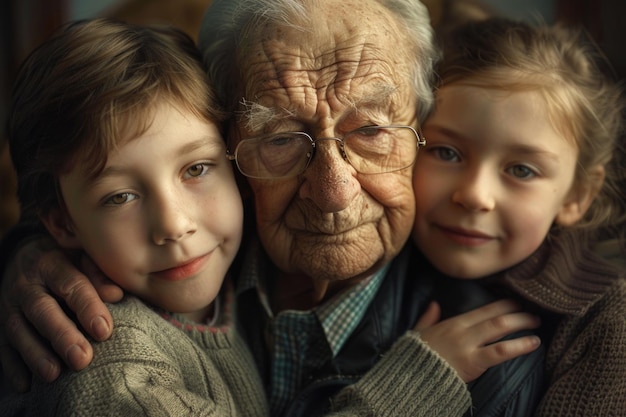 Eine herzerwärmende Szene eines älteren Mannes, der zwei junge Mädchen zärtlich umarmt, zeigt die Bindung und Liebe, die über Generationen hinweg geteilt wird