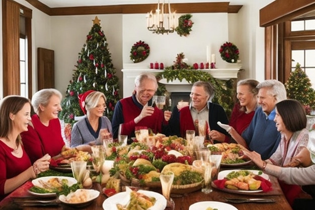 Eine herzerwärmende Szene eines Weihnachtsessen mit der Familie, bei der Geschenke ausgetauscht werden