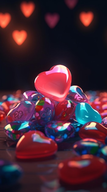 Eine herzförmige Süßigkeit ist von roten und blauen Herzen umgeben.
