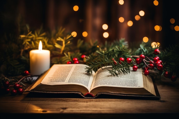 Eine herzhafte und einladende Szene einer offenen Bibel, die die Weihnachtsgeschichte inmitten der Weihnachtendekoration zeigt