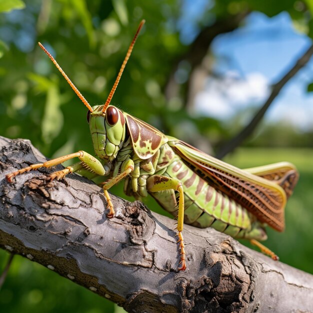 Foto eine heuschrecke ist auf einer zweig mit einem blatt darauf