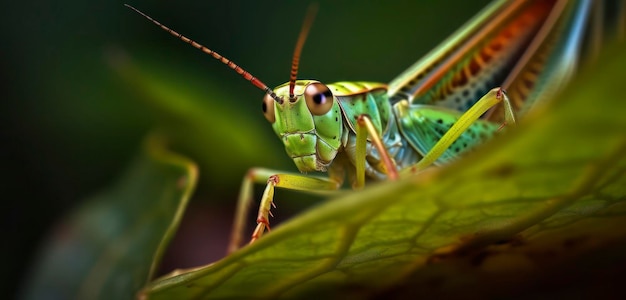 Eine Heuschrecke sitzt auf einem Blatt im Garten