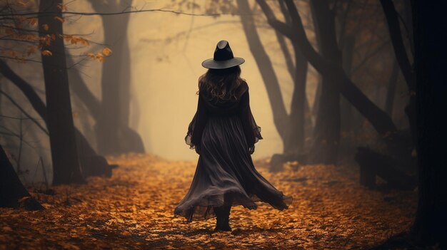 Eine Hexe, die im Halloween-Horror gruseligen gelben Herbsthintergrund durch den Wald geht