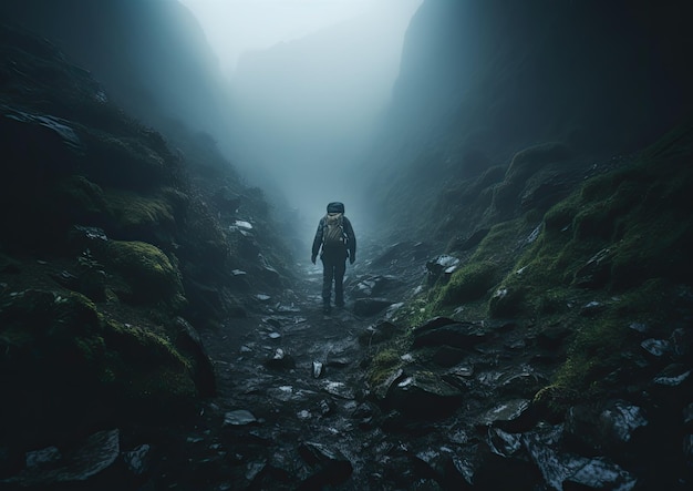 Eine Highangle-Aufnahme eines Wanderers, der durch einen dichten, mit Nebel bedeckten Bergweg wandert, der die