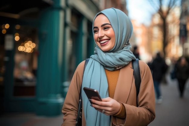 Foto eine hijab-frau mit einem smartphone im freien