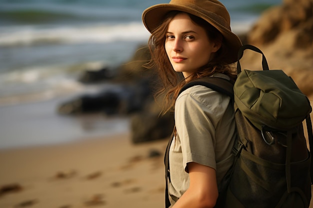 Eine Hipster-Frau mit Rucksack, die am Strand spazieren geht