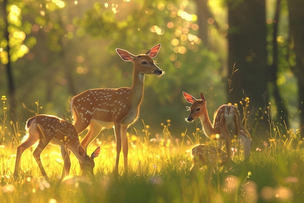 Eine Hirschfamilie weidet friedlich in einem sonnigen Himmel