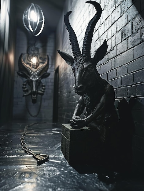 eine Hirschstatue in einem dunklen Raum mit einem Schild, auf dem antelo steht