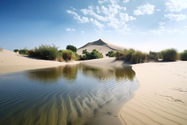 Eine hoch aufragende Sanddüne, umgeben von einer Fata Morgana aus kristallklarem Wasser