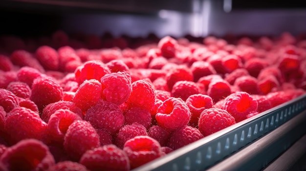 Eine hochmoderne Anlage, in der gefrorene rote Himbeeren einer strengen Sortierung und Verarbeitung unterzogen werden Entdecken Sie die Hingabe an die Qualität, die in jede gefrorene Beere steckt