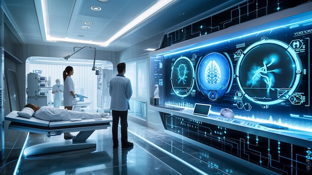 Eine hochmoderne Tele-Gesundheitsberatung mit einem Patienten, der sich über ein intelligentes Wanddisplay mit einem Arzt berät Der Raum zeigt futuristische medizinische Geräte und nahtlose Konnektivität KI Generative