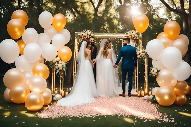 Eine Hochzeit mit einem goldenen Rahmen und einem Paar, das sich die Hände hält, und einem großen goldenen Kronleuchter.