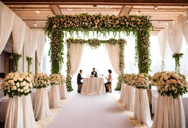 Foto eine hochzeit mit einer braut und einem bräutigam, die an einem tisch mit blumen sitzen