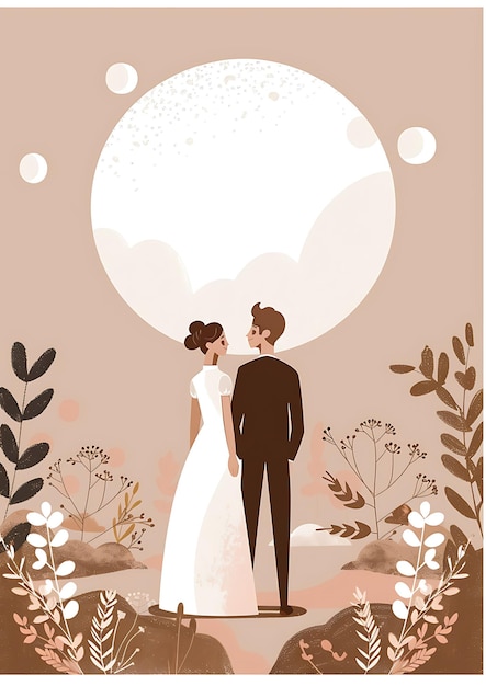 Foto eine hochzeitskarte mit einem paar in silhouette und dem mond hinter ihnen