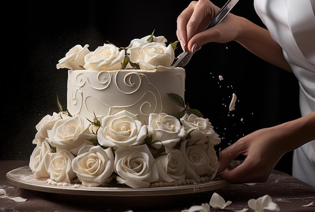 eine Hochzeitskuche, die von einem Konditorei-Chef in der Art der unpretenziösen Eleganz mit Rosen frostiert wird