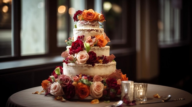 Eine Hochzeitstorte mit Blumen darauf