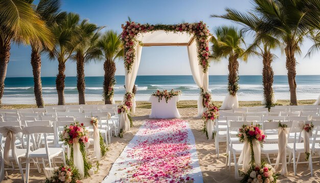 eine Hochzeitszeremonie am Strand mit Palmen und Blumen