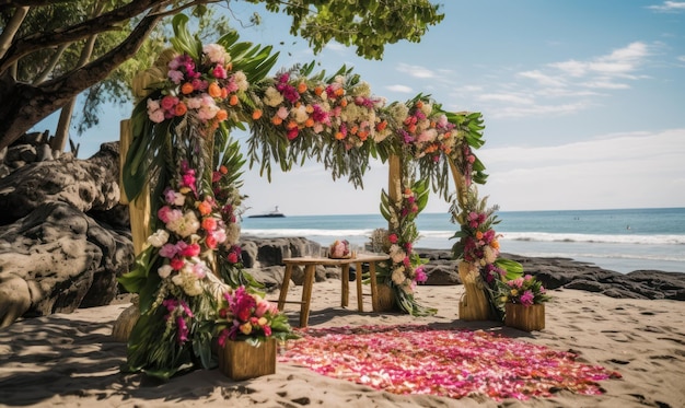 Eine Hochzeitszeremonie am Strand mit rosa und weißen Blumen.