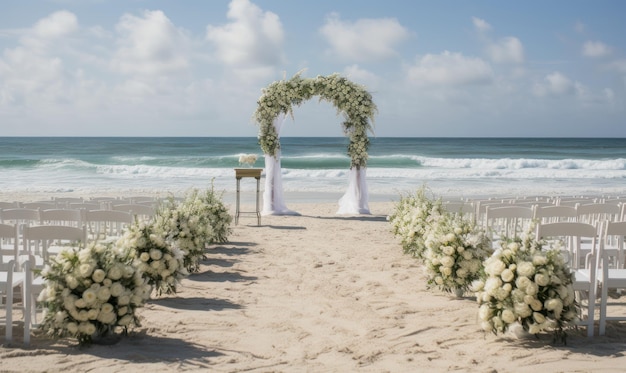 Eine Hochzeitszeremonie am Strand mit Strand und Meer im Hintergrund