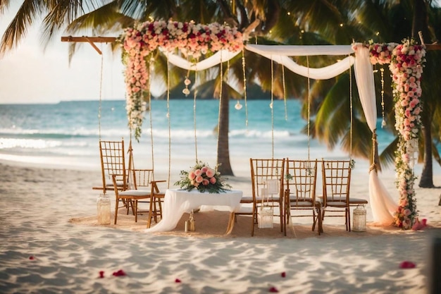eine Hochzeitszeremonie an einem Strand mit Stühlen und einem Tischtuch