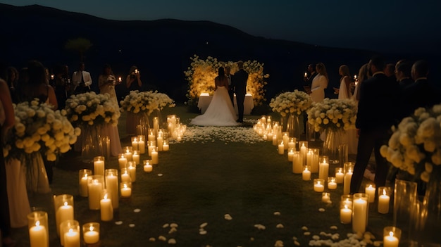Eine Hochzeitszeremonie auf der Ranch bei Nacht