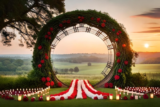 Foto eine hochzeitszeremonie mit einem rundbogen und roten rosen.