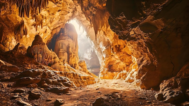 eine Höhle, die mit vielen gelben und braunen Felsen gefüllt ist