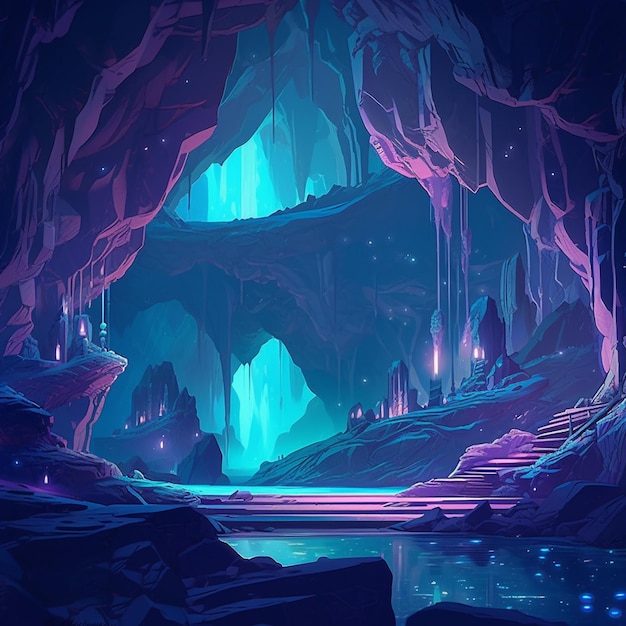 Eine Höhle mit blauem Licht und einem blauen Licht, auf dem „Höhle“ steht